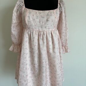 Light Pink Floral Square-Neck Long Sleeve Dress